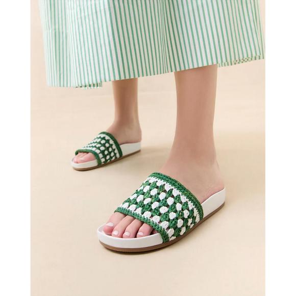 NEW LOEFFLER RANDALL women's henri crochet raffia sandal in green & white - Picture 2 of 4